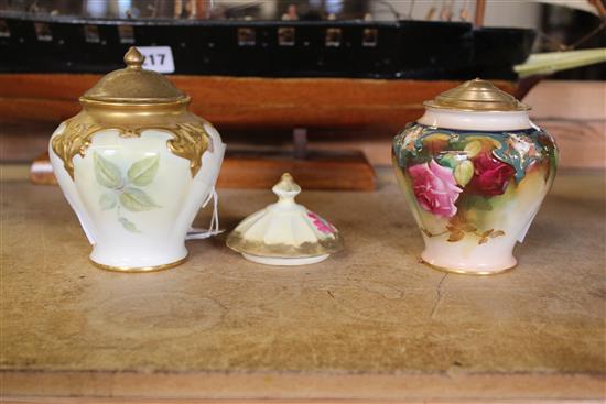 Two Royal Worcester rose painted vases & one cover, damage(-)